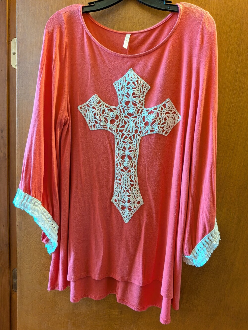 The Hanger Coral Tunic with White Crochet Cross